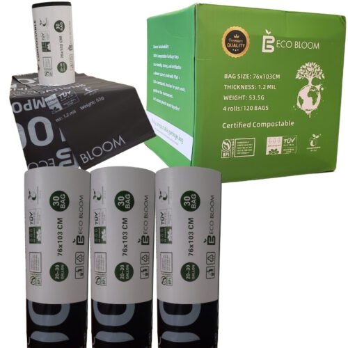 120 Compostable Garbage Bags – 76 × 103 cm – Black – 4 Rolls/Box